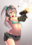  1girl bikini_top breasts d; firing grey_hair gun handgun holster kws love_live!_school_idol_project minami_kotori motion_blur one_eye_closed open_mouth pistol short_shorts shorts weapon yellow_eyes 