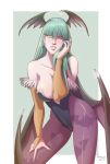  1girl ;) bangs bare_shoulders bat_print bat_wings blunt_bangs breasts bridal_gauntlets cleavage collarbone contrapposto demon_girl earrings elbow_gloves francisco_trebuxet gloves green_eyes green_hair hand_in_hair hand_on_thigh head_wings jewelry large_breasts lips long_hair morrigan_aensland one_eye_closed pantyhose print_legwear purple_legwear smile solo succubus vampire_(game) wings 