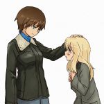  2girls aqua_eyes blonde_hair blush bomber_jacket brown_hair buttons coat grey_eyes hand_on_another&#039;s_head hand_on_own_chest jacket long_hair long_sleeves looking_at_another military military_uniform multiple_girls open_mouth ottilie_kittel shibasaki_shouji short_hair strike_witches tan uniform waltraud_nowotny white_background 