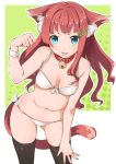  1girl :3 :d animal_ears apon bell bell_collar bent_over bikini blue_eyes breasts brown_hair cat_ears cat_tail cleavage collar hair_ornament hairclip long_hair looking_at_viewer navel open_mouth original paw_pose smile solo swimsuit tail white_bikini white_swimsuit 