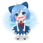  1girl akira_b angry blue_eyes blue_hair blush bow cirno deformed fang full_body hair_bow lowres solo touhou 