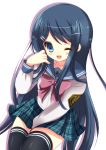  1girl ;d black_hair black_legwear blue_eyes dangan_ronpa from_above long_hair looking_at_viewer maizono_sayaka open_mouth school_uniform serafuku simple_background sitting smile solo thighhighs white_background wink yuutsuki_hina zettai_ryouiki 