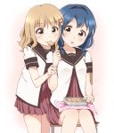  2girls :t blonde_hair blue_hair braid brown_eyes collarbone cookie food food_in_mouth furutani_himawari hair_ornament hairband hairclip mohya mouth_hold multiple_girls oomuro_sakurako open_mouth school_uniform serafuku sitting twin_braids yuru_yuri 