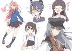  /\/\/\ 5girls :d ;d ^_^ aa_(sin2324) ahoge bangs black_headwear black_legwear black_sailor_collar black_skirt blue_shirt brown_eyes brown_hair brown_shirt bunny_hair_ornament choukai_(kantai_collection) closed_eyes collared_shirt eyebrows_visible_through_hair frilled_skirt frills gangut_(kantai_collection) glasses grey_footwear grey_hair grey_neckwear grey_sweater hair_between_eyes hair_ornament hat headgear jacket jacket_on_shoulders japanese_clothes kaga_(kantai_collection) kantai_collection kimono kneehighs loafers long_hair multiple_girls muneate neck_ribbon necktie one_eye_closed open_mouth orange_eyes peaked_cap pink_hair pleated_skirt red_eyes red_ribbon ribbon sailor_collar school_uniform serafuku shirt shoes side_ponytail simple_background skirt smile sweater tenryuu_(kantai_collection) uzuki_(kantai_collection) very_long_hair white_background white_jacket white_kimono white_sailor_collar white_shirt 