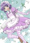  1girl :d apron bow crazy_eyes dress drugs flower frills futaba_channel gloves maid maid_apron maid_headdress mono_(moiky) nijiura_maids open_mouth plant puffy_sleeves purple_hair short_hair short_hair_with_long_locks sky small_breasts smile solo striped striped_legwear syringe tongue tongue_out violet_eyes yakui 