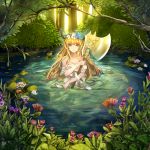  axe blonde_hair blue_eyes flower forest head_wreath honest_axe long_hair looking_at_viewer lotus nature original parody partially_submerged pond settyaro tree tree_branch very_long_hair water weapon 