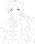  1girl arm_at_side bangs braid chinese_clothes clenched_hand dyumo_(moffri) grin highres hong_meiling lineart long_hair looking_at_viewer monochrome parted_bangs puffy_short_sleeves puffy_sleeves short_sleeves smile tangzhuang touhou twin_braids 