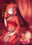  1girl absurdres bridal_veil china_dress chinese_clothes dress gogatsu_fukuin hair_ornament hairpin highres looking_at_viewer love_live!_school_idol_project nishikino_maki open_mouth redhead short_hair side_slit solo tagme traditional_clothes veil violet_eyes wedding_dress 