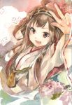  1044kiro 1girl :d absurdres ahoge brown_hair bust flower hairband highres kantai_collection kongou_(kantai_collection) long_hair nontraditional_miko open_mouth orange_eyes red_eyes ribbon-trimmed_sleeves ribbon_trim smile solo tassel traditional_media v watercolor_(medium) 