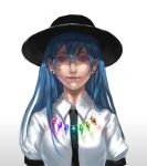  1girl blue_hair breasts cmy collared_shirt diamond ear_studs earrings ears grin hat hinanawi_tenshi jewelry lips long_hair looking_at_viewer neck necklace nose rainbow_order red_eyes shaded_face short_sleeves simple_background smile squinted_eyes touhou white_background 