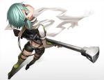  1girl anti-materiel_rifle aqua_hair blue_eyes fingerless_gloves from_behind gloves gun hair_ornament hairclip looking_at_viewer looking_back rifle scarf shinon_(sao) short_hair short_shorts shorts sniper_rifle solo sword_art_online tef weapon 