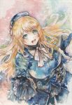  1044kiro 1girl absurdres aqua_eyes arm_support atago_(kantai_collection) beret black_gloves blonde_hair breasts bust from_above gloves graphite_(medium) hat highres kantai_collection large_breasts long_hair long_sleeves looking_at_viewer looking_up military military_uniform neck_ribbon ribbon smile solo traditional_media uniform watercolor_(medium) 