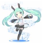  1girl blush boots detached_sleeves green_eyes green_hair hatsune_miku long_hair musical_note necktie open_mouth outstretched_arms shiitake_(mm0820) skirt solo thigh-highs thigh_boots twintails vocaloid zettai_ryouiki 