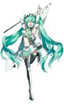  1girl aqua_eyes aqua_hair elbow_gloves fingerless_gloves flag formal gloves hatsune_miku long_hair necktie one_eye_closed racequeen smile solo starshadowmagician suit thigh-highs twintails vocaloid 