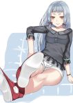  1girl blue_hair contemporary couch deras hair_ribbon kantai_collection long_hair looking_at_viewer murakumo_(kantai_collection) orange_eyes ribbon short_eyebrows shorts sitting smile solo 