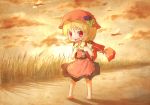  1girl aki_minoriko apron arinu backpack bag barefoot blonde_hair blush child clouds cloudy_sky dragonfly food fruit grapes hat legs open_mouth puffy_short_sleeves puffy_sleeves randoseru red_eyes scenery shirt short_sleeves skirt sky smile solo touhou yellow_sky 
