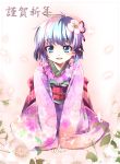  1girl :d blue_eyes blue_hair bowing cherry_blossoms hair_ornament japanese_clothes kimono looking_at_viewer open_mouth original petals sho_(runatic_moon) short_hair sitting smile solo translation_request 