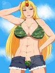  1girl abs bikini blonde_hair blue_sky breasts camouflage camouflage_bikini clouds female hand_in_hair hand_on_hip highres horn hoshiguma_yuugi lactone large_breasts long_hair muscle open_mouth open_pants raised_hand red_eyes short_shorts shorts sky solo swimsuit touhou 