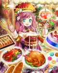  1girl :d blue_eyes bread cake chef_hat chicken_(food) christmas_tree food food_themed_clothes hair_ornament hat holding ladle long_hair looking_at_viewer official_art open_mouth original pop_kyun purple_hair smile solo tenkuu_no_crystalia watermark web_address 