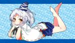  1girl barefoot chin_rest hat japanese_clothes kamome kariginu looking_at_viewer mononobe_no_futo ponytail ribbon short_hair silver_hair skirt smile solo tate_eboshi touhou yellow_eyes 