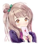  1girl akiru_(igel-flutter) bow brown_hair covering_mouth hair_bow letter long_hair looking_at_viewer love_letter love_live!_school_idol_project minami_kotori side_ponytail solo 