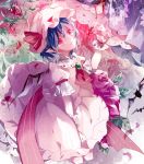  1girl ascot bat_wings food fruit hat highres holding mob_cap parted_lips pointy_ears red_eyes remilia_scarlet short_hair shuukenyuu silver_hair solo touhou wings wrist_cuffs 