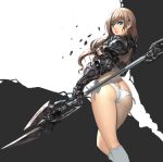  1girl absurdres armor ass blue_eyes breasts brown_hair butt_crack cherrylich from_behind gauntlets highres lips long_hair looking_back original panties pauldrons polearm solo underwear weapon 