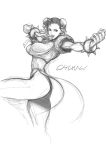  1girl bracelet breasts bun_cover character_name china_dress chinese_clothes chun-li cropped_legs double_bun fighting_stance graphite_(medium) highres jewelry large_breasts short_hair sketch solo spiked_bracelet spikes street_fighter thick_thighs thighs traditional_media yoshihara_motoki 