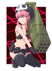  1girl armpit_holster beanie belt black_gloves boots gloves gun hat highres holster jakuzure_nonon kill_la_kill kneeling minakami_(ubnoiek) nudist_beach_uniform payot pink_eyes pink_hair rocket_launcher solo thigh-highs thigh_boots utility_belt weapon 