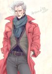  1boy cigarette coat grey_hair hands_in_pockets jacket jean_pierre_polnareff jojo_no_kimyou_na_bouken keita_miso long_coat older red_jacket scarf solo 