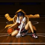  1girl bakemonogatari bandaged_arm bandages basketball basketball_court bike_shorts ebi_(eeotoko) highres kanbaru_suruga looking_at_viewer monogatari_(series) necktie raincoat shoes sneakers solo squatting 