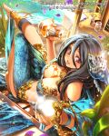  1girl :p black_hair bottle breasts cleavage hair_ornament holding long_hair looking_at_viewer navel official_art original pop_kyun sitting solo tenkuu_no_crystalia tongue tongue_out violet_eyes watermark web_address 