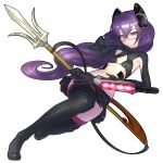  1girl boots bow breasts glasses gloves hair_bow hayama_yuujirou headgear highres long_hair polearm purple_hair red_eyes semi-rimless_glasses skirt small_breasts solo strap tentacles_tactics thigh-highs thigh_boots trident under-rim_glasses under_boob weapon 