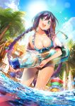  1girl :d bent_over bikini bottle braid breasts carrying cleavage collarbone company_name copyright_name green_eyes hair_ornament looking_at_viewer low_twintails navel official_art open_mouth original pop_kyun purple_hair smile solo swimsuit tenka_touitsu_chronicle twin_braids twintails watermark 