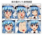  1girl :d blue_hair blush chart drooling food fruit hand_on_own_cheek hat hinanawi_tenshi honda_takaharu long_hair open_mouth peach red_eyes smile touhou translation_request 