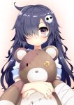  1girl bandages blush doll_hug hair_ornament hair_over_one_eye kusano_(torisukerabasu) long_hair looking_at_viewer original pink_eyes purple_hair skull_hair_ornament solo stitched stuffed_animal stuffed_toy teddy_bear very_long_hair 