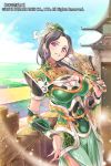  1girl :d black_hair breasts cleavage fan folding_fan gauntlets hair_ornament holding looking_at_viewer official_art open_mouth original pop_kyun sangokushi_ranbu smile solo violet_eyes 