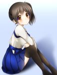  1girl :&lt; black_hair blue_skirt brown_eyes camomilehus commentary highres japanese_clothes kaga_(kantai_collection) kantai_collection looking_at_viewer pleated_skirt short_hair side_ponytail skirt solo tasuki thigh-highs 
