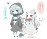  2girls ahoge airplane blue_hair chibi doku_denpa_(blue_killer) fang hands_in_pockets hooded_jacket kantai_collection mittens monster multiple_girls northern_ocean_hime open_mouth pale_skin re-class_battleship red_eyes shinkaisei-kan silver_hair squiggle tail turret violet_eyes 