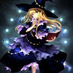  1girl black_dress blonde_hair blue_eyes book dress finger_to_mouth hat long_hair madou_monogatari puyopuyo solo star suzuneko-rin witch_(puyopuyo) witch_hat 