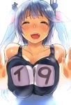 1girl against_glass akagi_asahito blue_hair blush breast_press breasts breasts_on_glass closed_eyes hair_ribbon highres i-19_(kantai_collection) kantai_collection large_breasts long_hair name_tag one-piece_swimsuit open_mouth ribbon school_swimsuit smile solo sweatdrop swimsuit twintails 