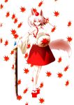  1girl animal_ears autumn_leaves bare_shoulders black2929 breasts detached_sleeves geta hat highres inubashiri_momiji leaf looking_at_viewer pom_pom_(clothes) red_eyes shield short_hair sideboob silver_hair simple_background solo sword tail tokin_hat touhou weapon white_background wolf_ears wolf_tail 