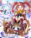  1girl :d bird brown_gloves brown_hair detached_sleeves gloves hairband igloo looking_at_viewer official_art open_mouth original penguin polar_bear pop_kyun riding smile snow snowball solo tenkuu_no_crystalia twintails violet_eyes watermark web_address 