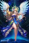  angel anklet bare_shoulders barefoot blonde_hair blue_dress copyright_name dress feathered_wings fingerless_gloves gloves green_eyes halo jewelry long_hair looking_at_viewer night night_sky official_art parted_lips sky soccer_spirits star_(sky) star_trails tob very_long_hair white_wings wings wristband 