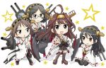  4girls ahoge akiran_(r32) bangs black_hair blue_eyes boots brown_eyes cannon detached_sleeves glasses hands_on_thighs haruna_(kantai_collection) headgear hiei_(kantai_collection) huge_ahoge japanese_clothes kantai_collection kirishima_(kantai_collection) knee_boots kneeling kongou_(kantai_collection) long_hair mecha_musume miko multiple_girls outstretched_hand parted_bangs short_hair star starry_background wide_sleeves 