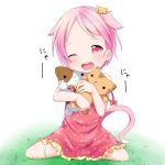  1girl animal_ears blush cat cat_ears cat_hair_ornament cat_tail child doll_hug dress hair_ornament highres makuran one_eye_closed open_mouth original pink_dress pink_eyes pink_hair sitting smile solo stuffed_animal stuffed_cat stuffed_toy tail upper_teeth wariza wink 