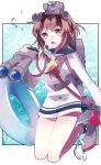  1girl absurdres binoculars brown_eyes brown_hair headgear highres holding innertube kantai_collection looking_at_viewer open_mouth school_uniform serafuku short_hair shuukenyuu solo yukikaze_(kantai_collection) 