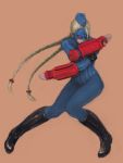  1girl armband blonde_hair boots braid decapre fighting_stance fingerless_gloves full_body garrison_cap gloves hat knee_boots leotard long_hair mask necyda pantyhose pink_background red_eyes ribbed_leotard shoulder_pads solo street_fighter twin_braids 