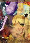  abstract blonde_hair breasts butterfly chen chen_(cat) dress eyes facial_mark flame floral_background grin long_hair mob_cap patterned purple_dress slit_pupils smile suehan symbolism tagme topless touhou umbrella yakumo_ran yakumo_yukari 