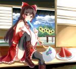  1girl black_legwear boots bow detached_sleeves fan flower food fruit hair_bow hair_ribbon hair_tubes hakurei_reimu holding looking_at_viewer paper_fan popsicle ribbon sitting solo sunflower touhou uchiwa warirui watermelon 